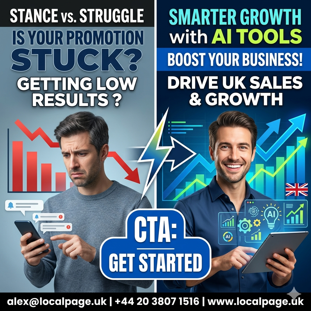Professional UK workspace showing growth charts and AI-driven marketing interfaces.