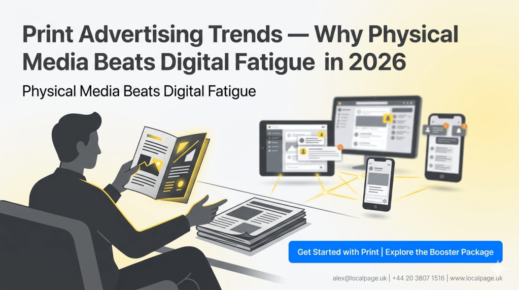 Hero image showing print advertising with glowing yellow accents newspaper icon and blue CTA button